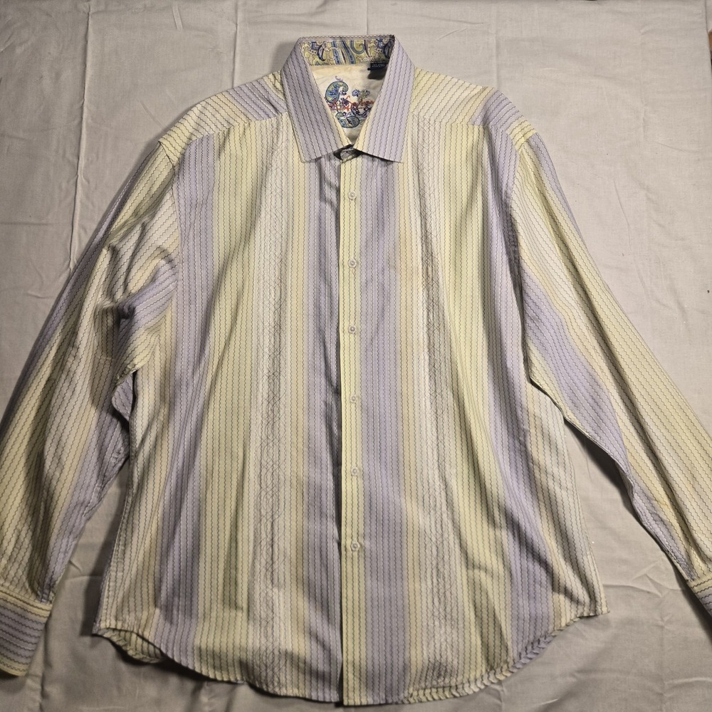 Robert Graham Shirt Mens XXL Yellow Gray Stripe Geometric Art Button Down LS